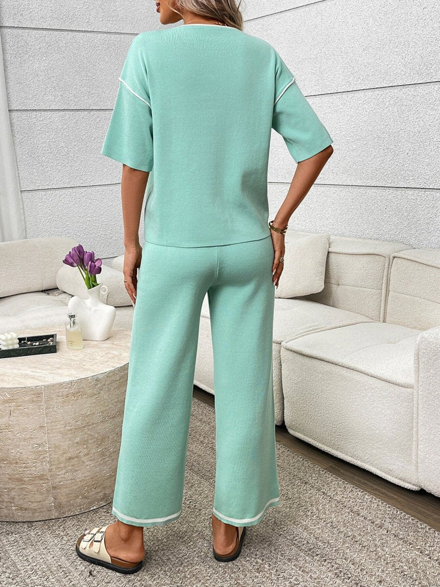 Round Neck Half Sleeve Top and Pants Set - Brick + Boho