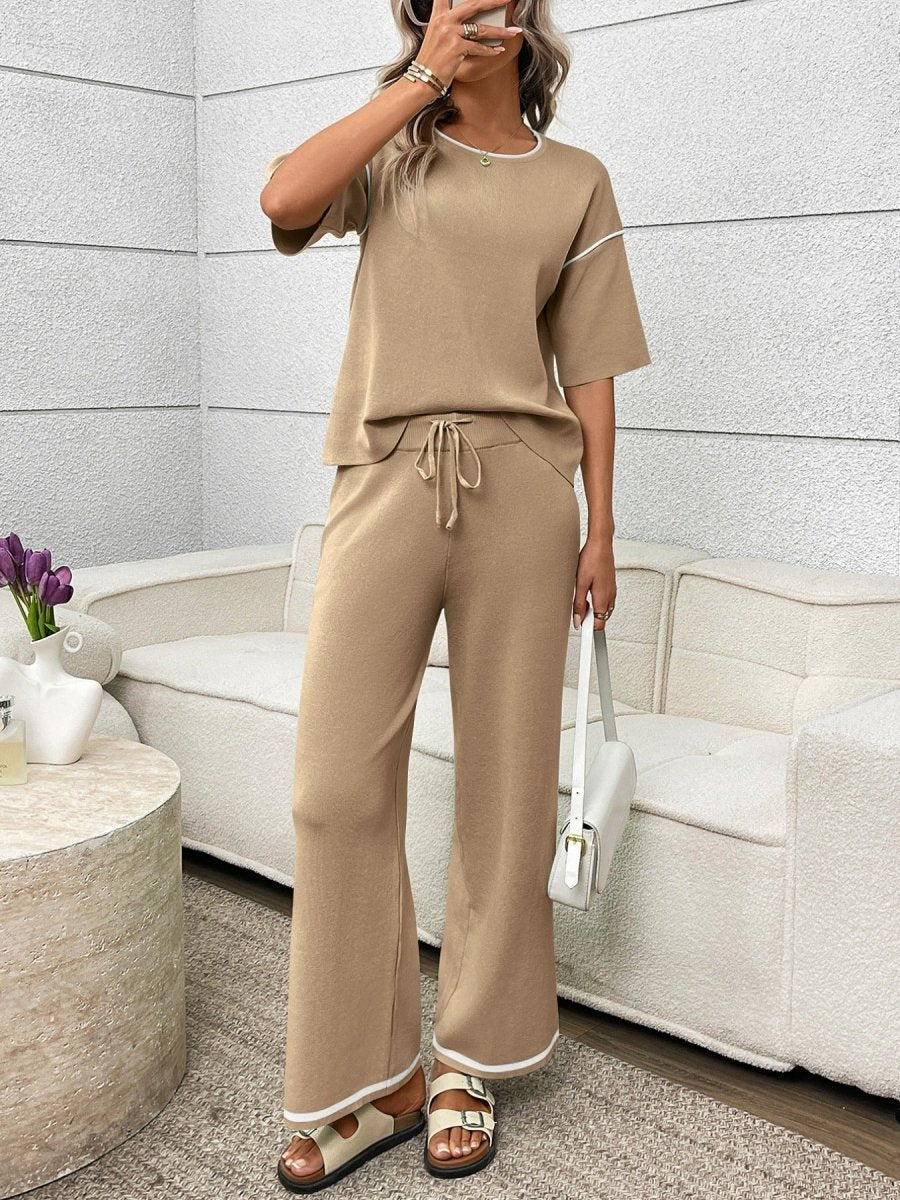 Round Neck Half Sleeve Top and Pants Set - Brick + Boho