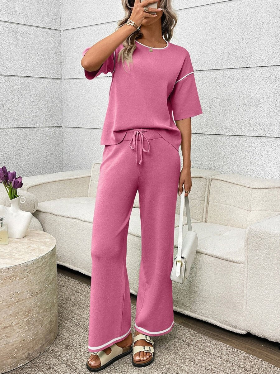 Round Neck Half Sleeve Top and Pants Set - Brick + Boho