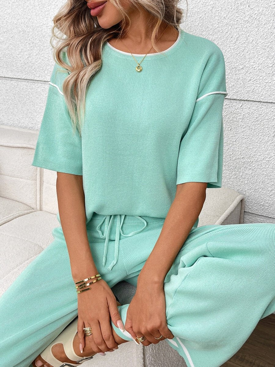 Round Neck Half Sleeve Top and Pants Set - Brick + Boho
