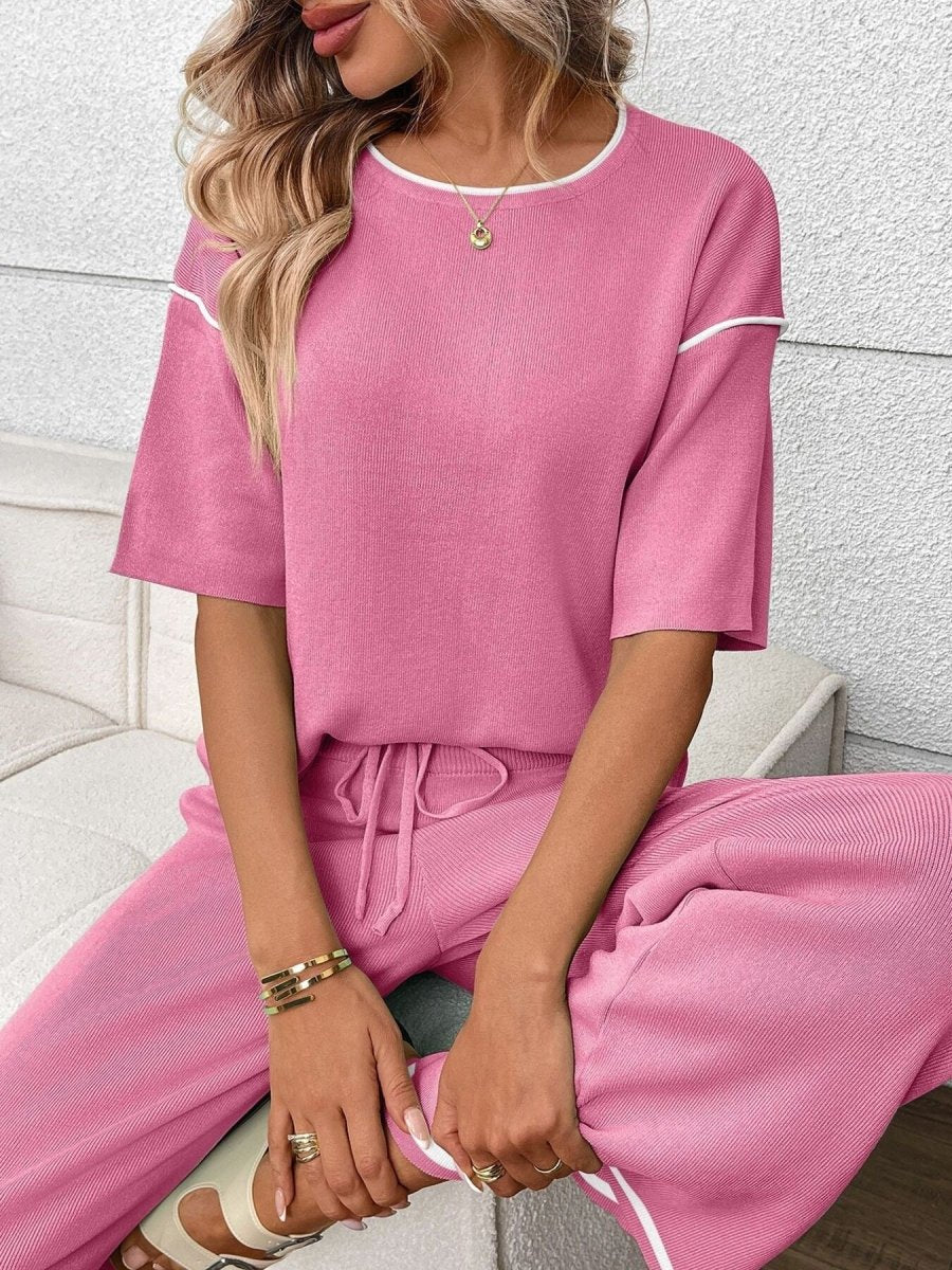 Round Neck Half Sleeve Top and Pants Set - Brick + Boho