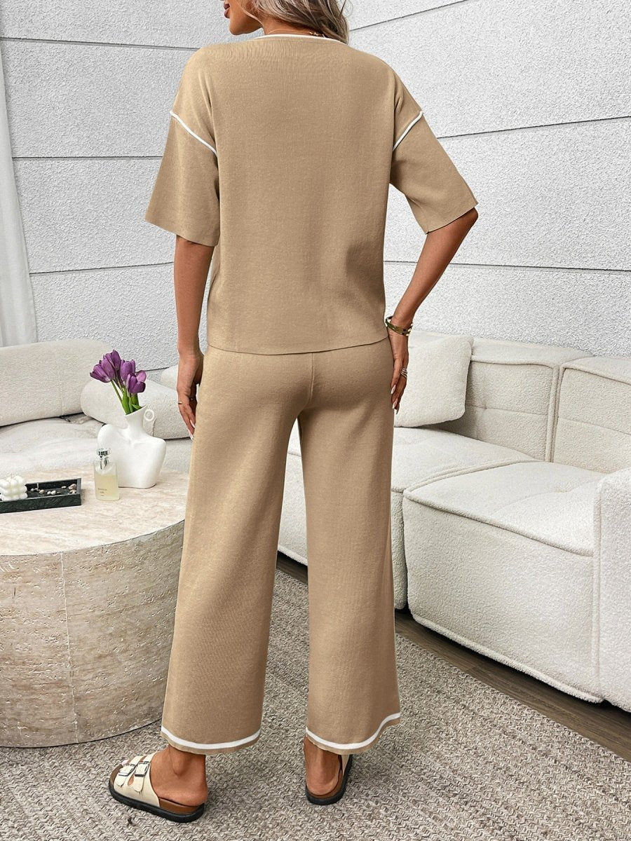 Round Neck Half Sleeve Top and Pants Set - Brick + Boho
