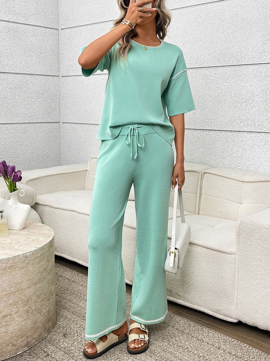 Round Neck Half Sleeve Top and Pants Set - Brick + Boho