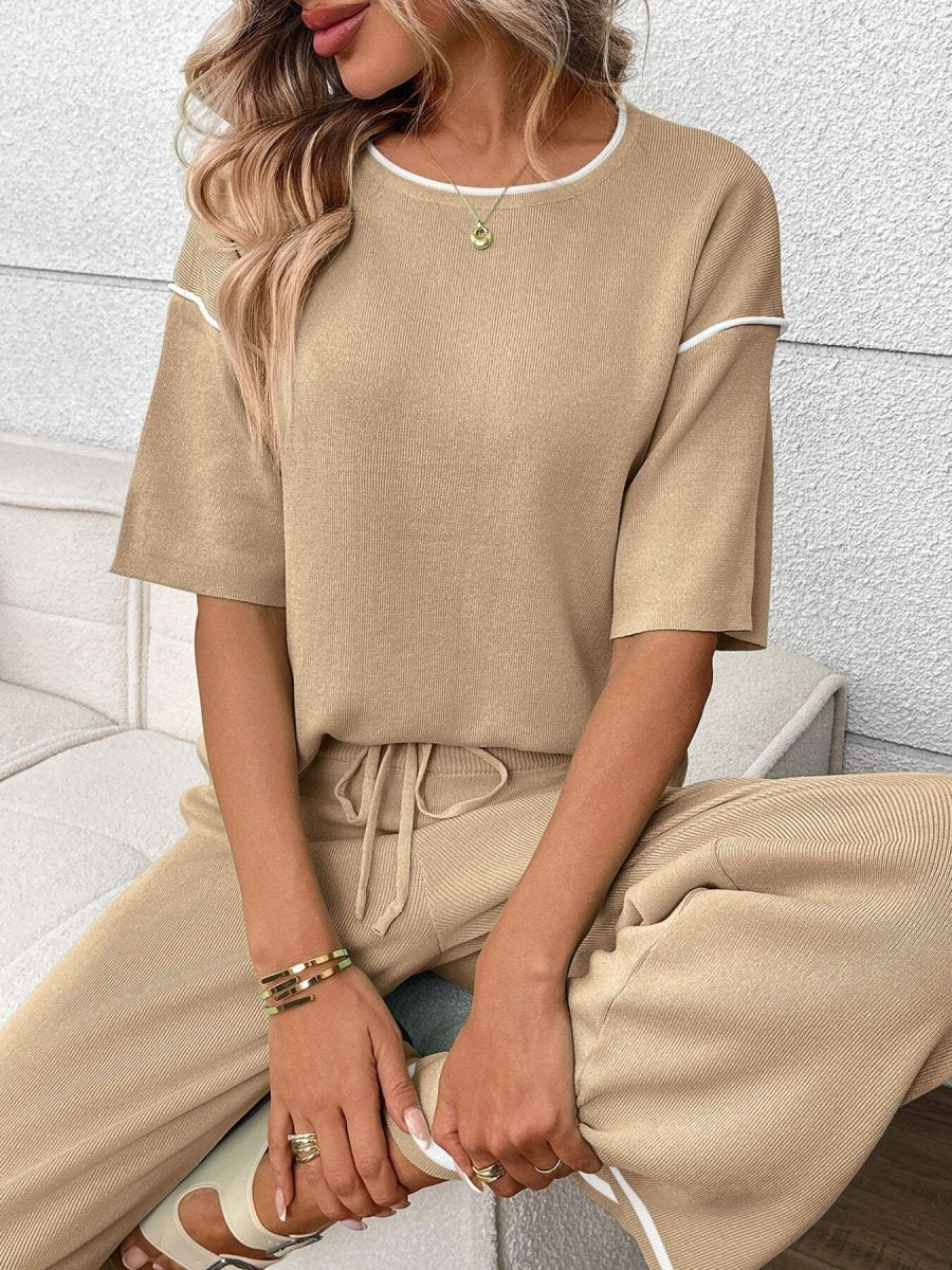 Round Neck Half Sleeve Top and Pants Set - Brick + Boho