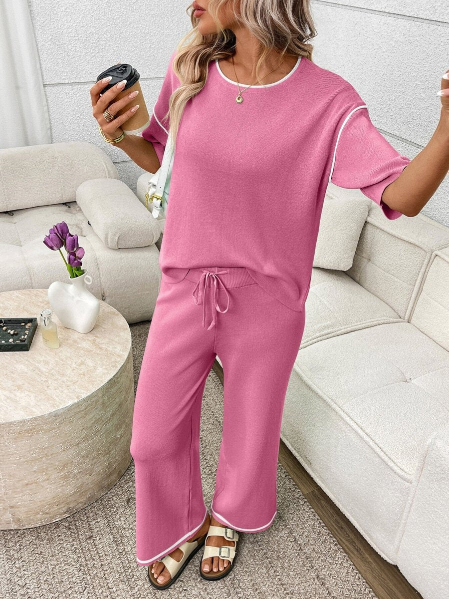 Round Neck Half Sleeve Top and Pants Set - Brick + Boho