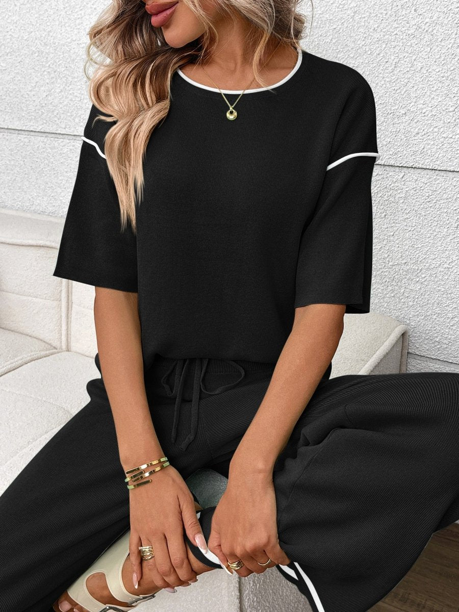Round Neck Half Sleeve Top and Pants Set - Brick + Boho