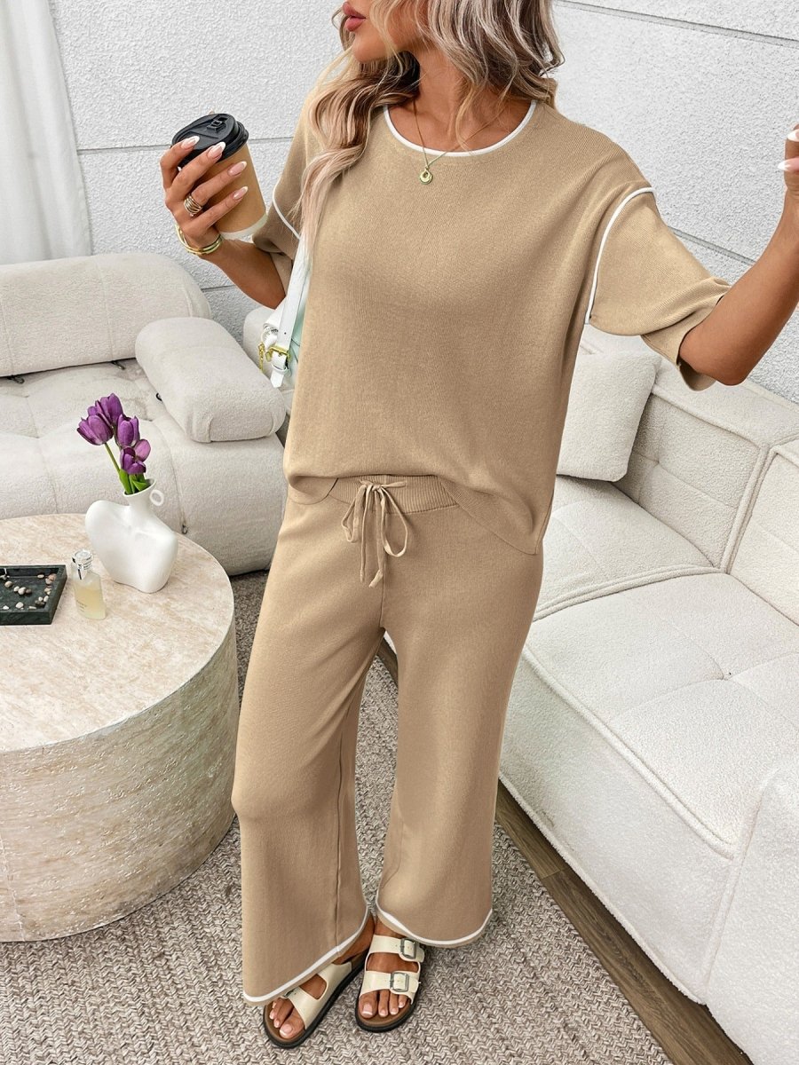 Round Neck Half Sleeve Top and Pants Set - Brick + Boho