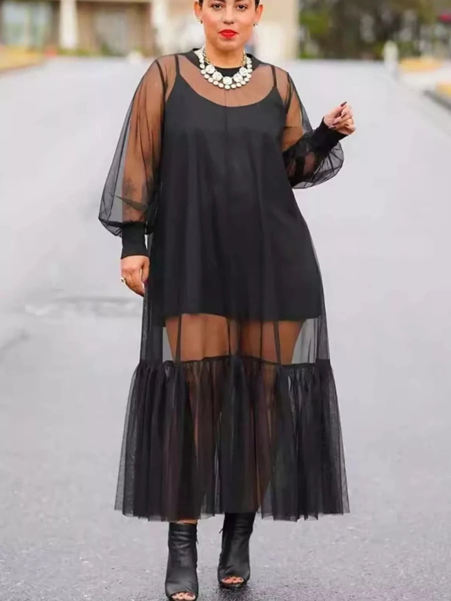Scoop Neck Cami Dress and Sheer Mesh Dress Set - Brick + Boho