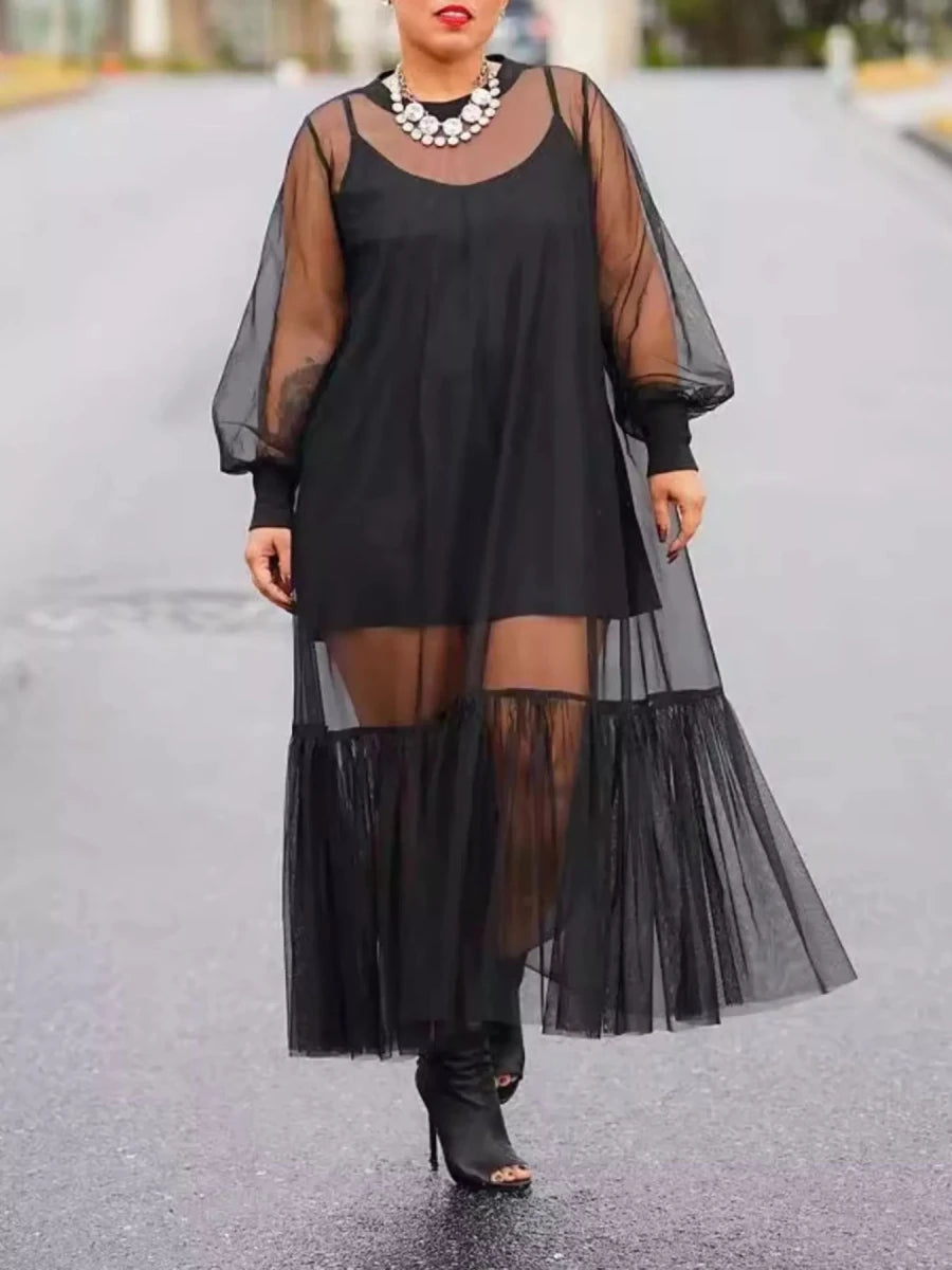 Scoop Neck Cami Dress and Sheer Mesh Dress Set - Brick + Boho