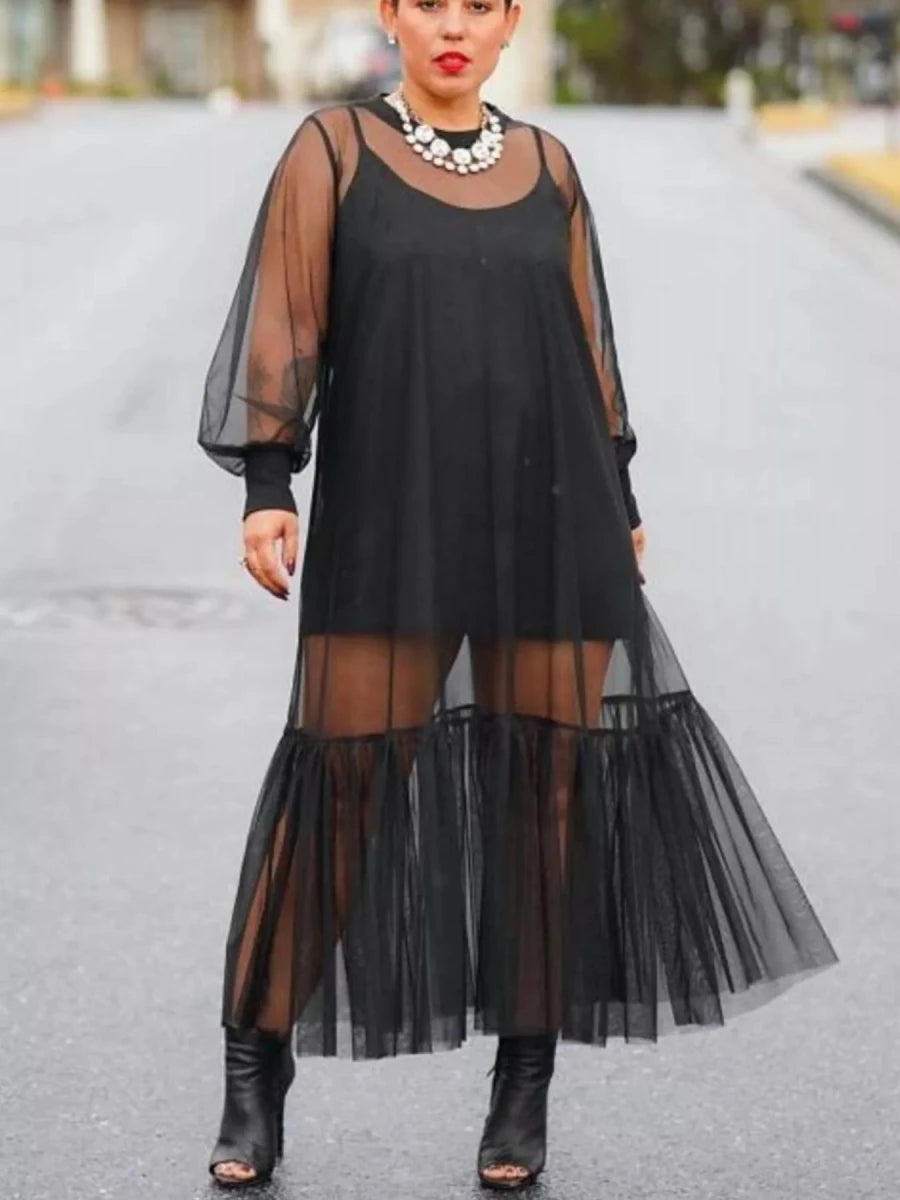 Scoop Neck Cami Dress and Sheer Mesh Dress Set - Brick + Boho