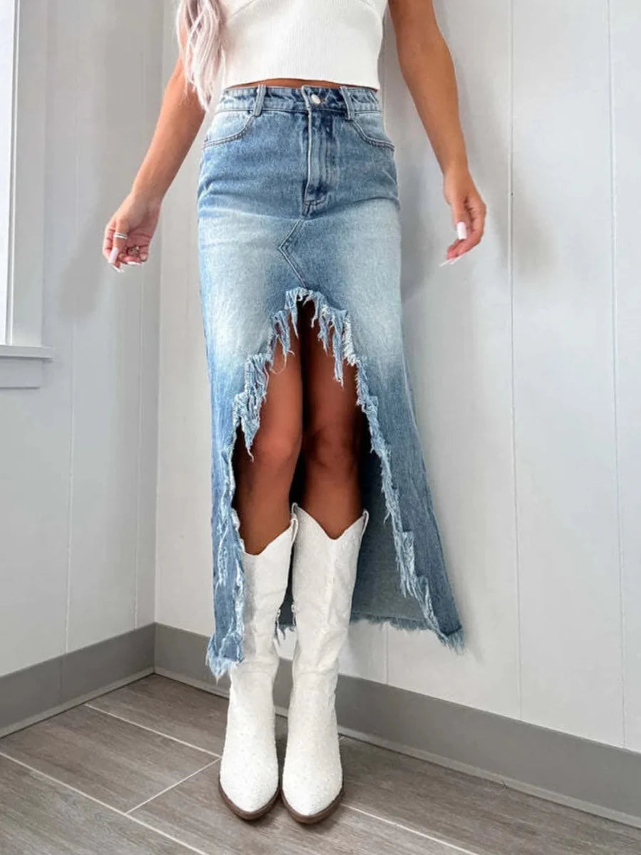 Serene Fringe Denim Skirt - Brick + Boho