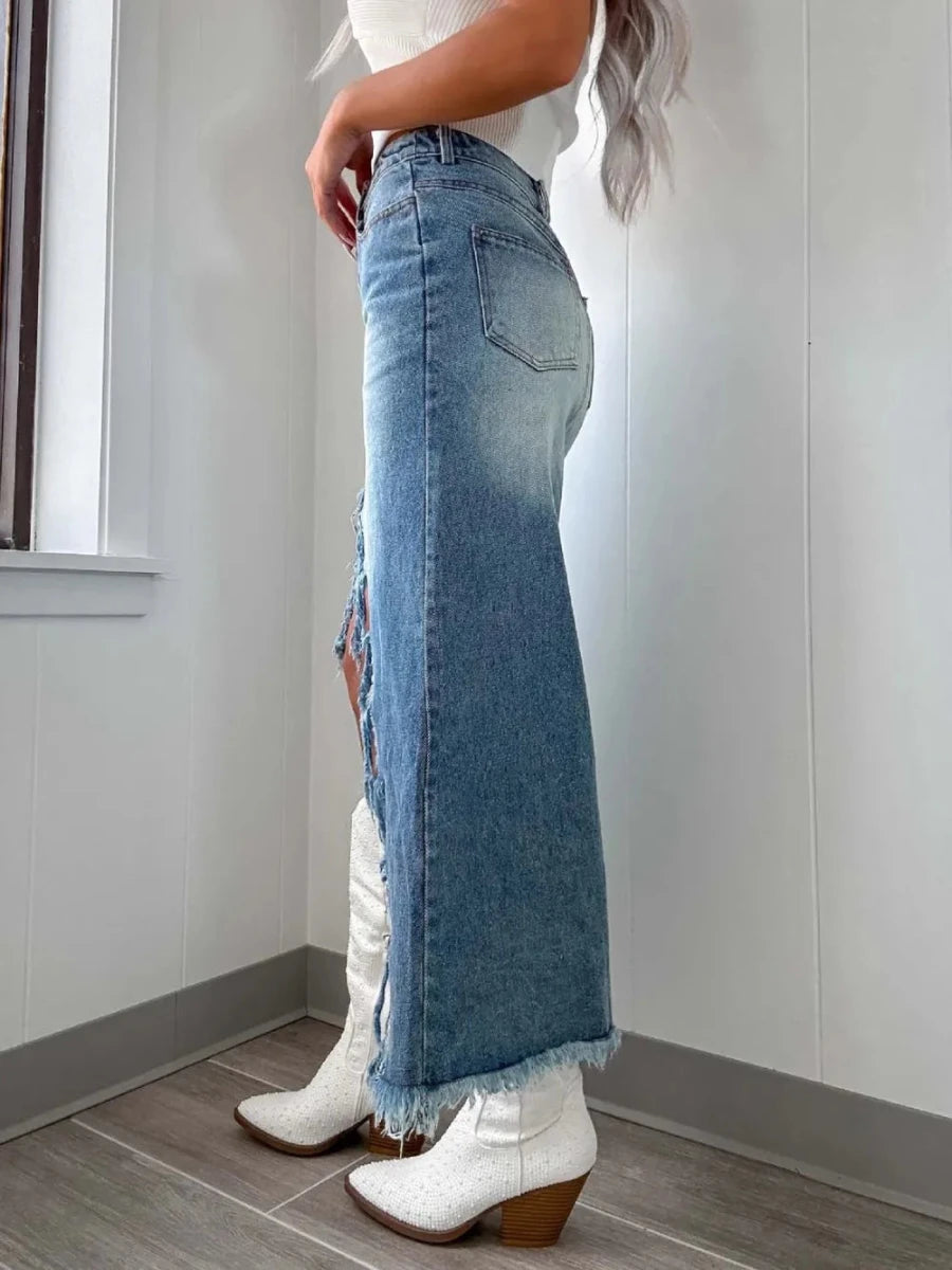 Serene Fringe Denim Skirt - Brick + Boho