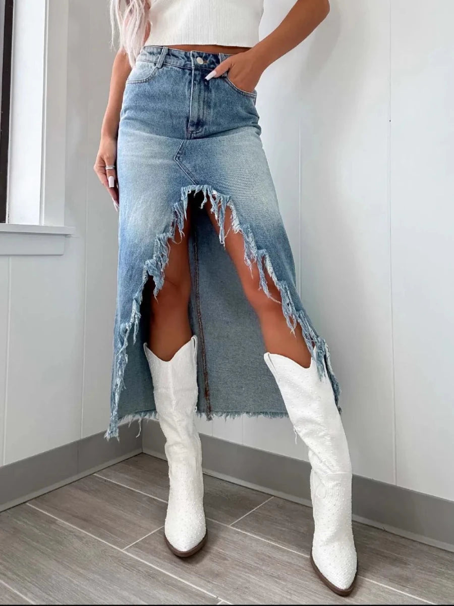 Serene Fringe Denim Skirt - Brick + Boho