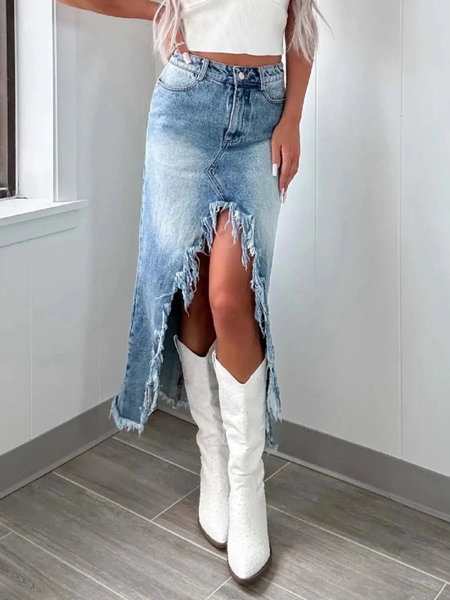 Serene Fringe Denim Skirt - Brick + Boho