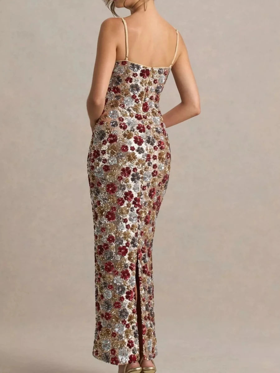 Slit Floral Sequin Bodycon Maxi Dress - Brick + Boho