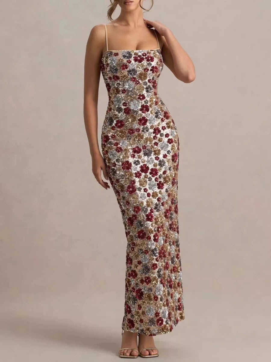 Slit Floral Sequin Bodycon Maxi Dress - Brick + Boho