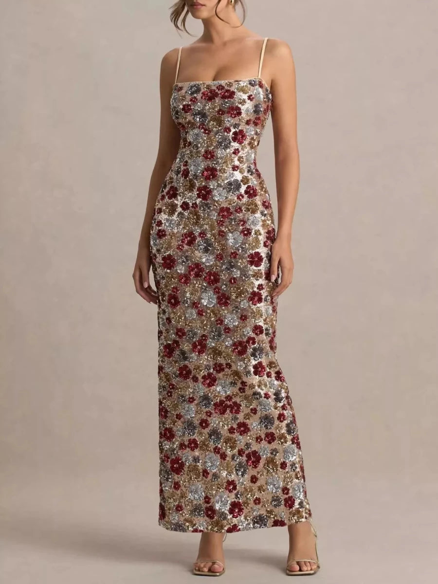Slit Floral Sequin Bodycon Maxi Dress - Brick + Boho