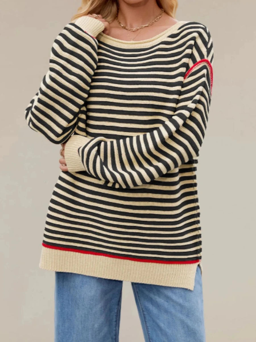 Slit Striped Oversized Sweater - Brick + Boho