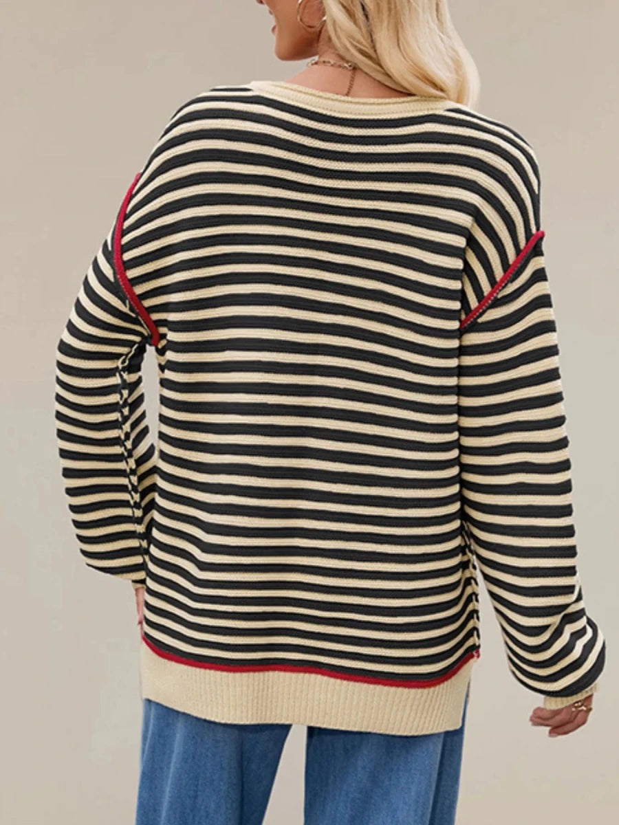 Slit Striped Oversized Sweater - Brick + Boho