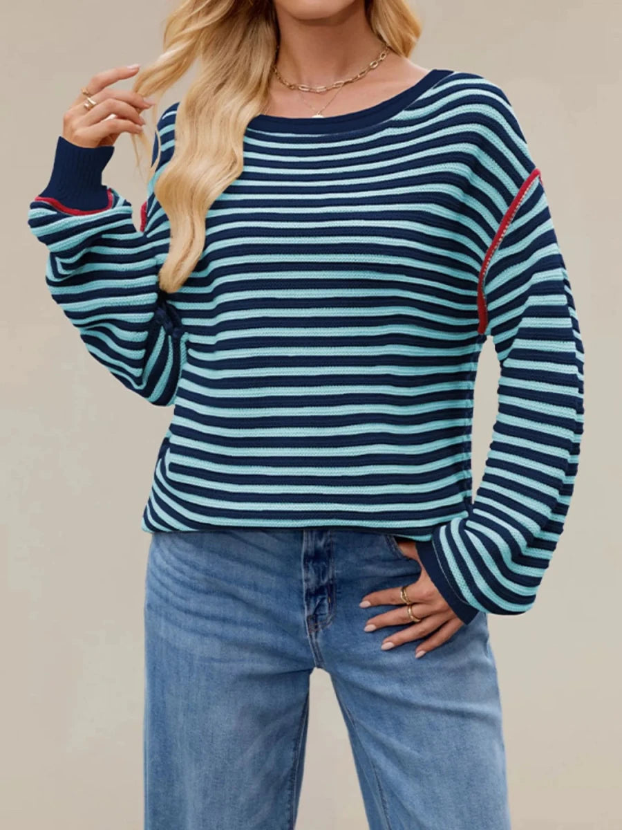Slit Striped Oversized Sweater - Brick + Boho