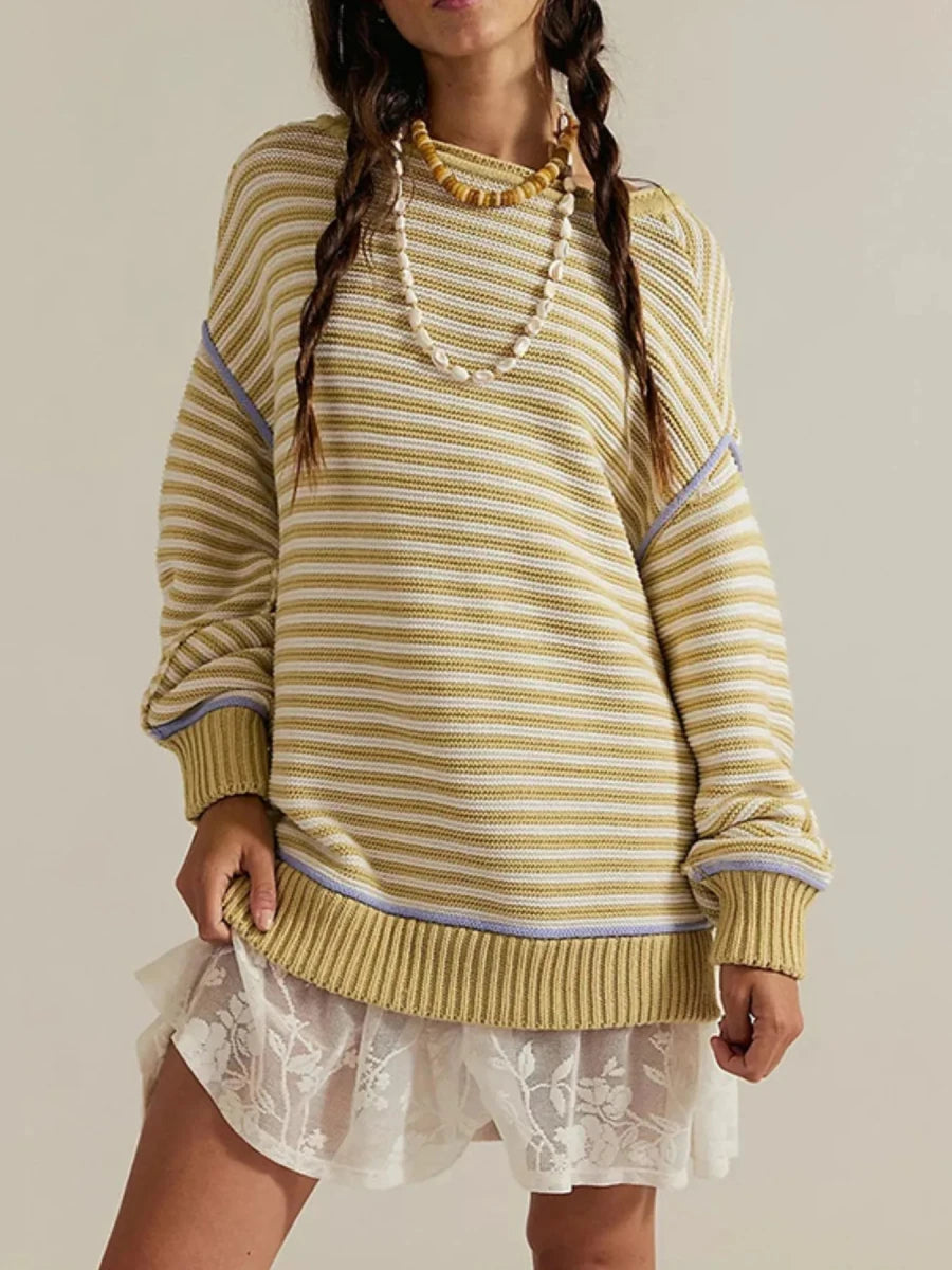 Slit Striped Oversized Sweater - Brick + Boho