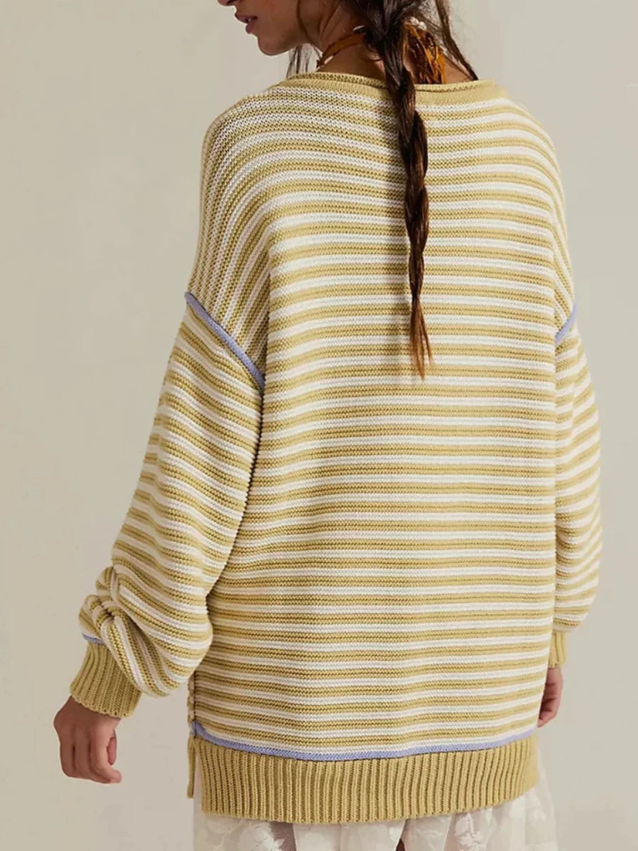 Slit Striped Oversized Sweater - Brick + Boho