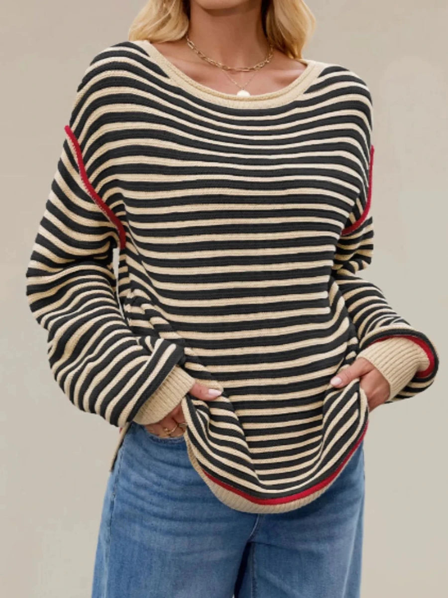 Slit Striped Oversized Sweater - Brick + Boho