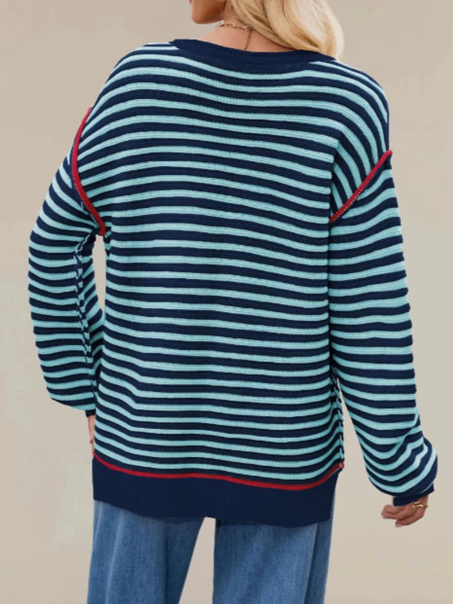 Slit Striped Oversized Sweater - Brick + Boho