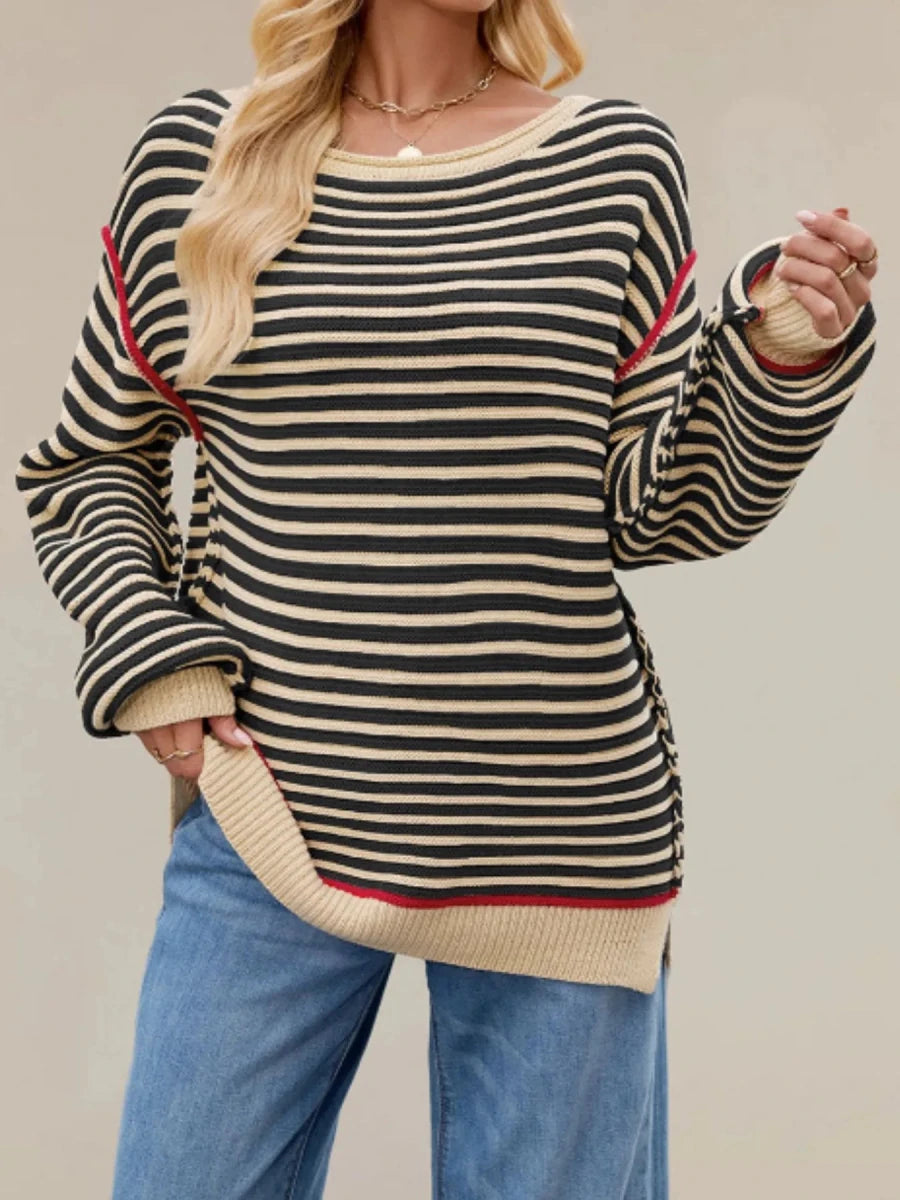 Slit Striped Oversized Sweater - Brick + Boho