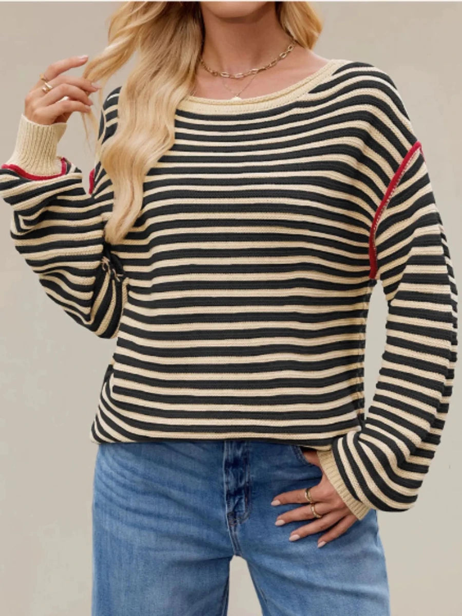 Slit Striped Oversized Sweater - Brick + Boho