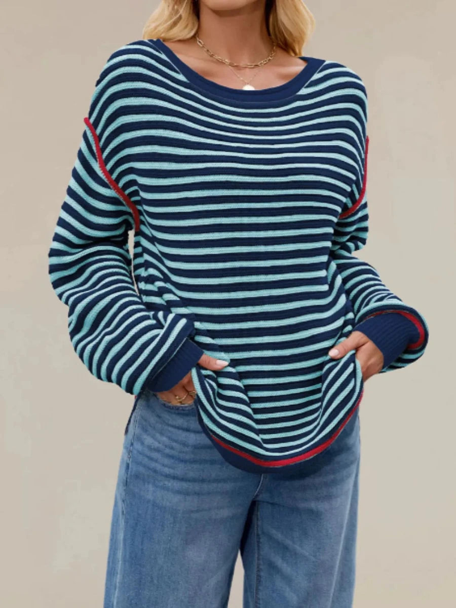 Slit Striped Oversized Sweater - Brick + Boho