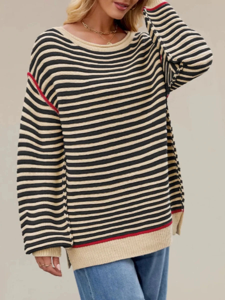 Slit Striped Oversized Sweater - Brick + Boho