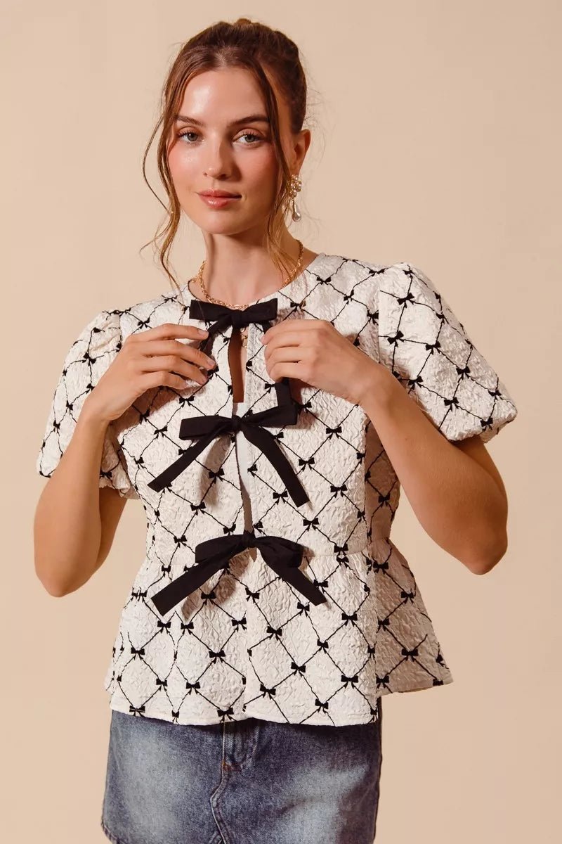 SO ME Bow Texture Woven Peplum Top With Contrast Tie - Brick + Boho