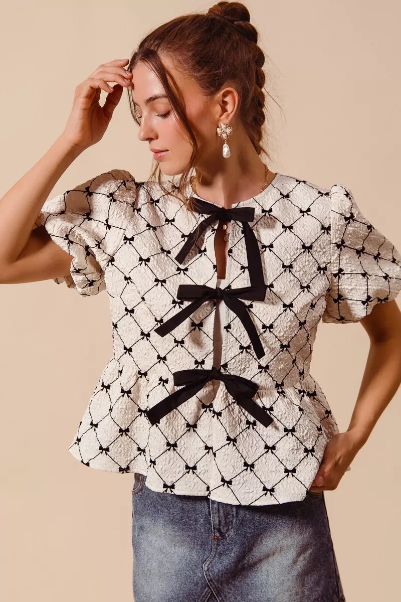 SO ME Bow Texture Woven Peplum Top With Contrast Tie - Brick + Boho