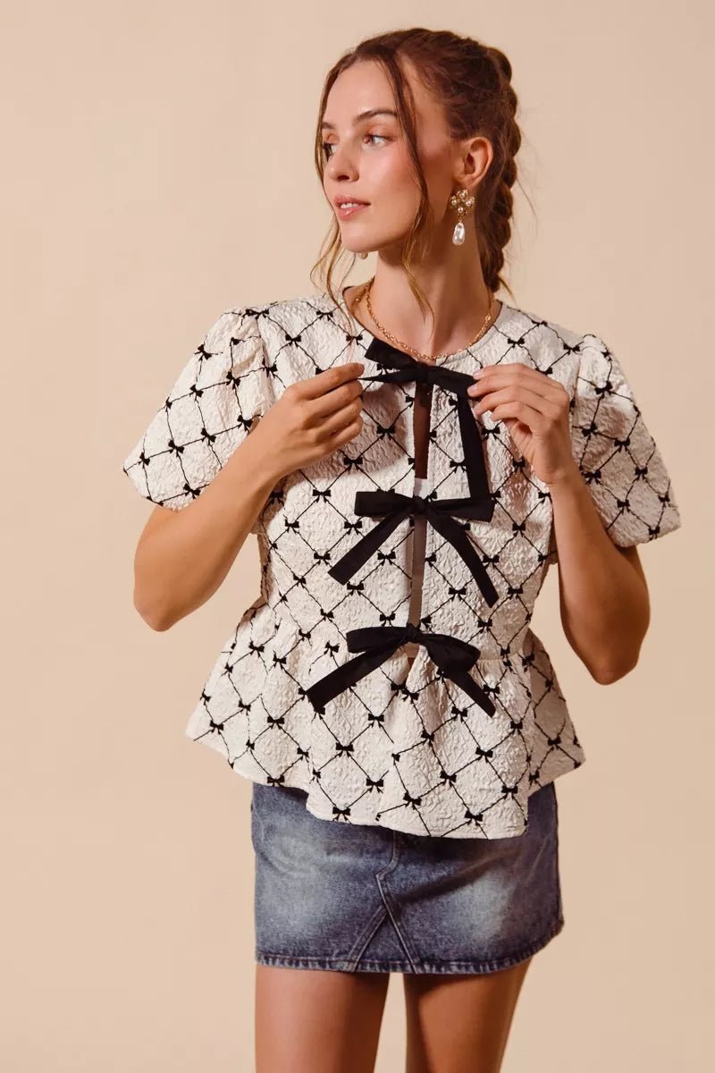 SO ME Bow Texture Woven Peplum Top With Contrast Tie - Brick + Boho