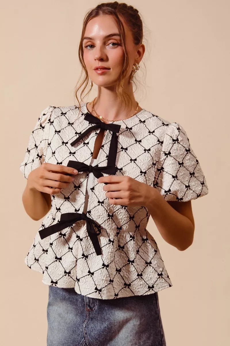 SO ME Bow Texture Woven Peplum Top With Contrast Tie - Brick + Boho