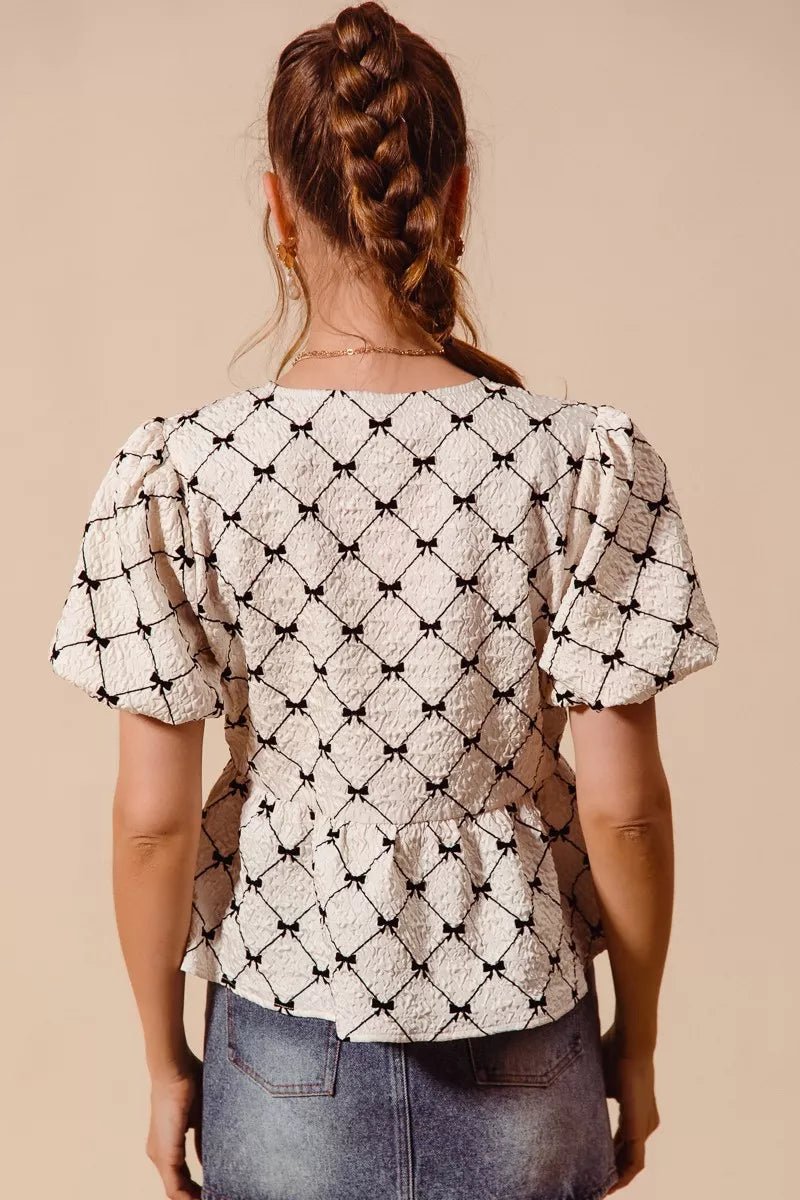 SO ME Bow Texture Woven Peplum Top With Contrast Tie - Brick + Boho