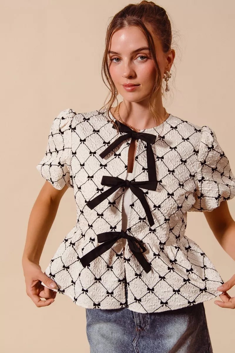 SO ME Bow Texture Woven Peplum Top With Contrast Tie - Brick + Boho