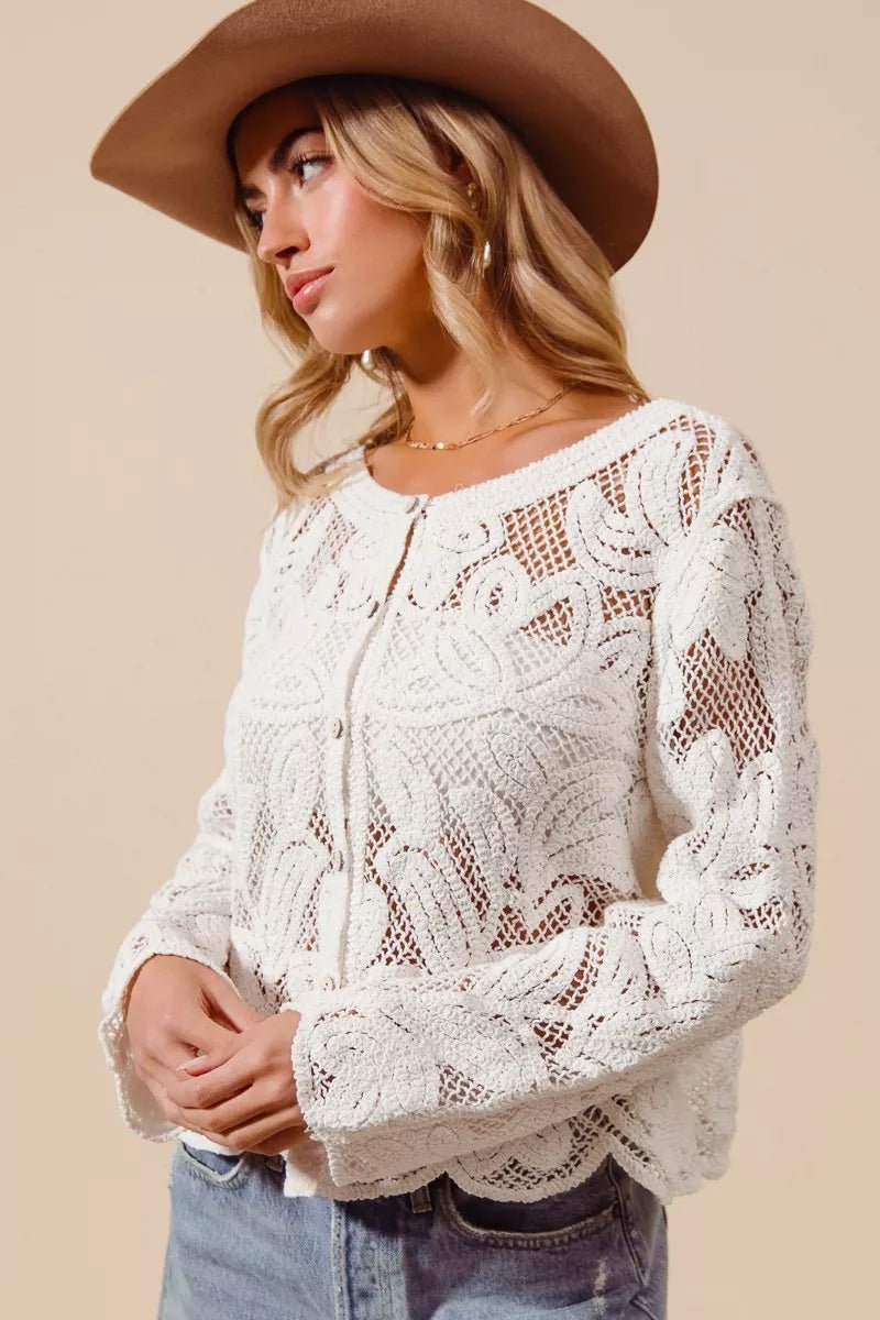SO ME Button Front Floral Pattern Crochet Lace Cardigan - Brick + Boho