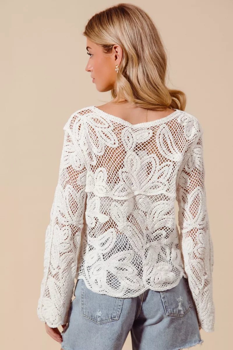 SO ME Button Front Floral Pattern Crochet Lace Cardigan - Brick + Boho