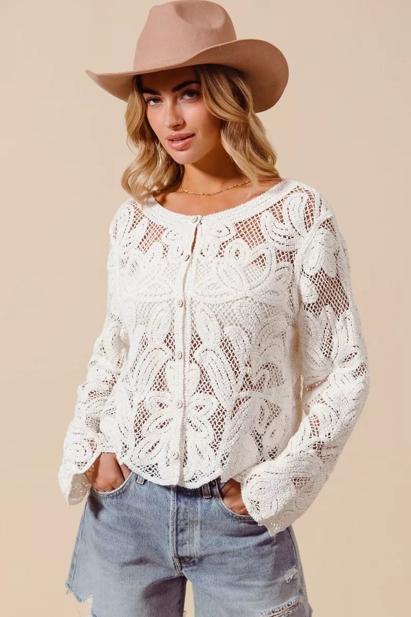 SO ME Button Front Floral Pattern Crochet Lace Cardigan - Brick + Boho