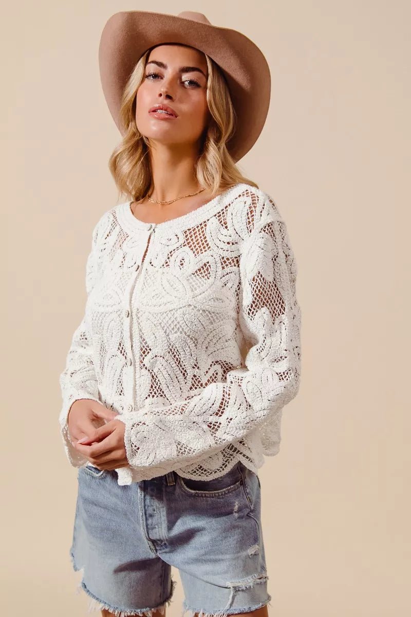 SO ME Button Front Floral Pattern Crochet Lace Cardigan - Brick + Boho