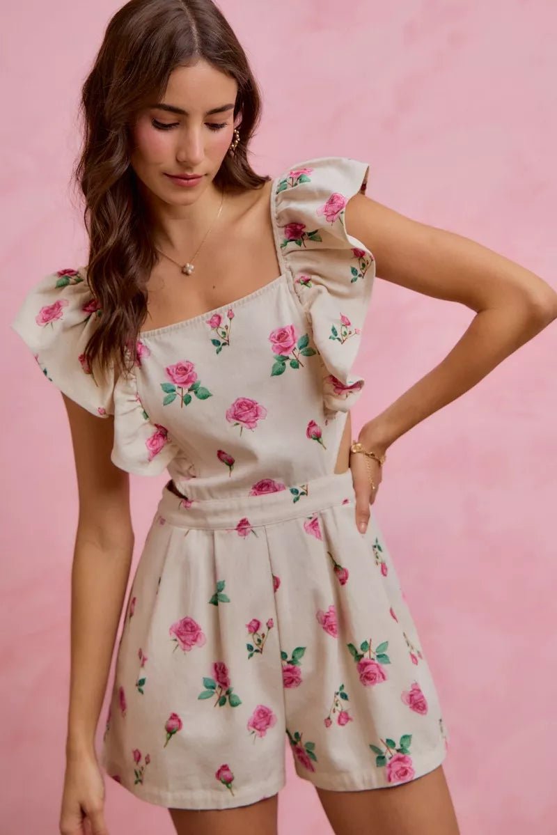 SO ME Floral Print Denim Cut Out Waist Ruffled Romper - Brick + Boho