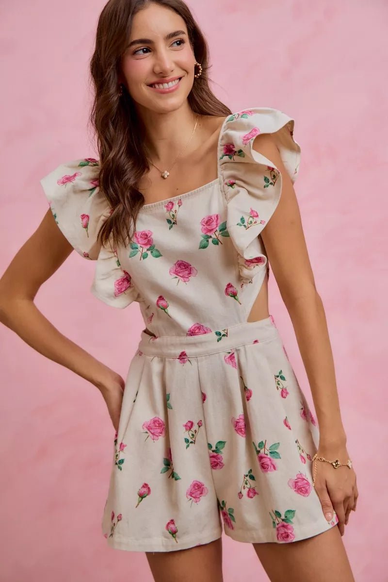 SO ME Floral Print Denim Cut Out Waist Ruffled Romper - Brick + Boho