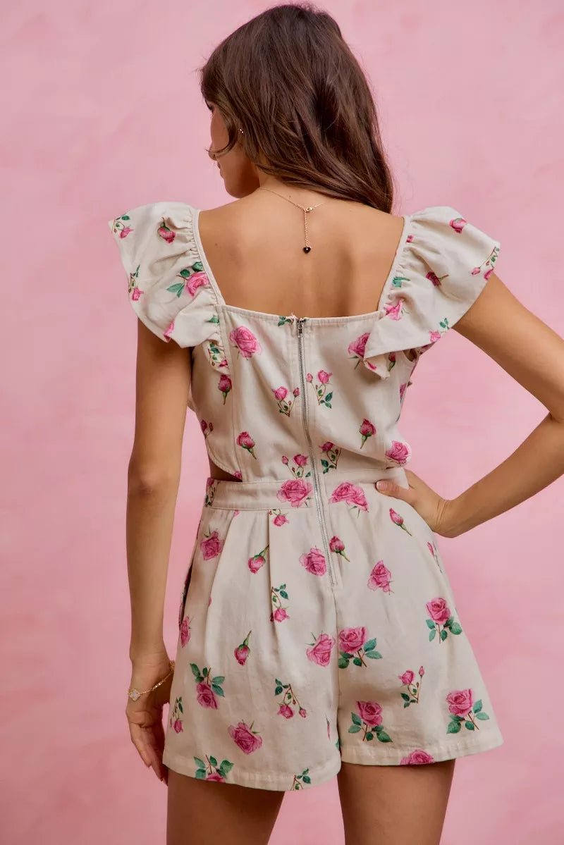 SO ME Floral Print Denim Cut Out Waist Ruffled Romper - Brick + Boho