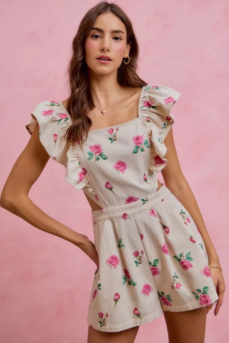 SO ME Floral Print Denim Cut Out Waist Ruffled Romper - Brick + Boho