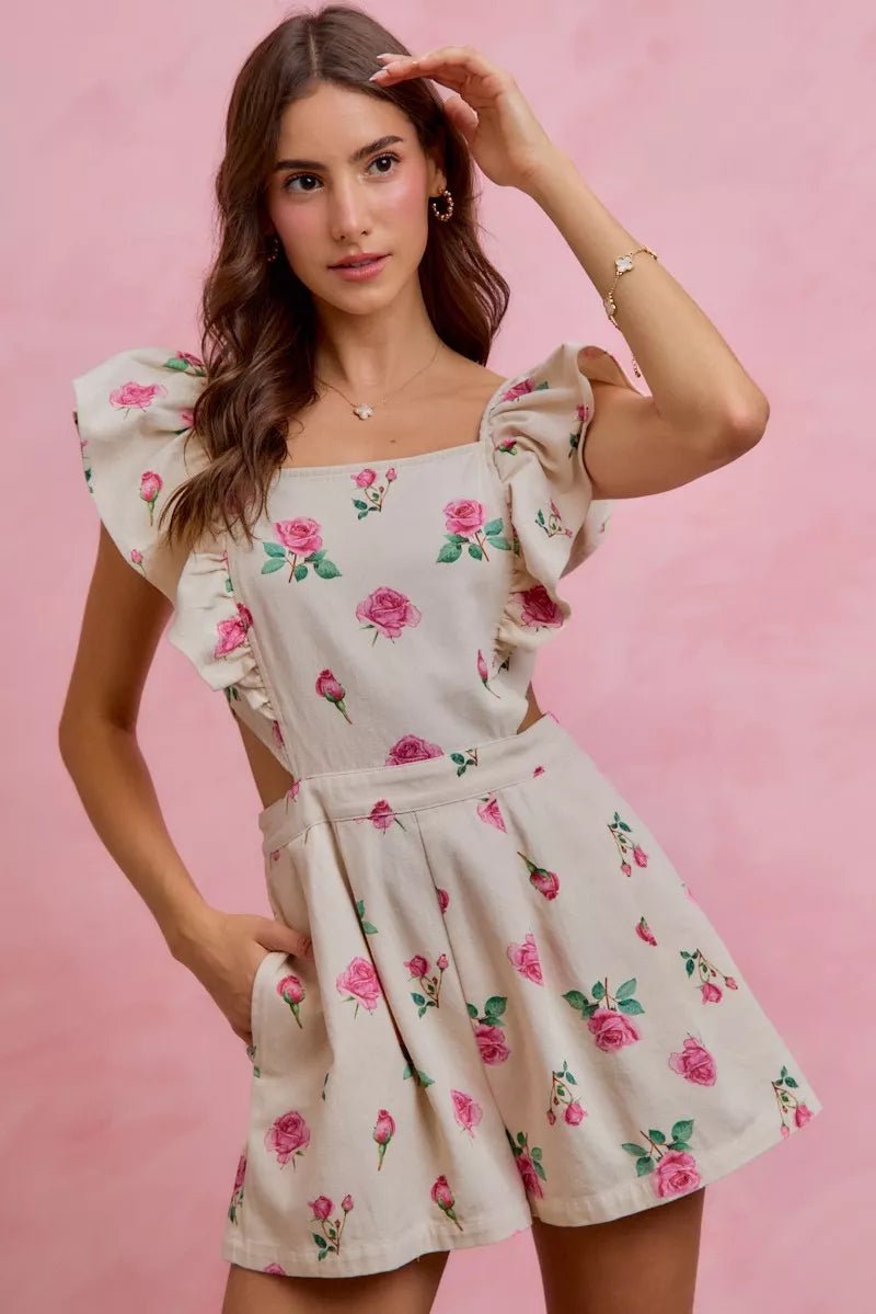 SO ME Floral Print Denim Cut Out Waist Ruffled Romper - Brick + Boho