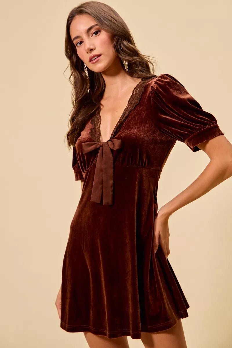 SO ME Velvet Short Sleeves Mini Dress - Brick + Boho