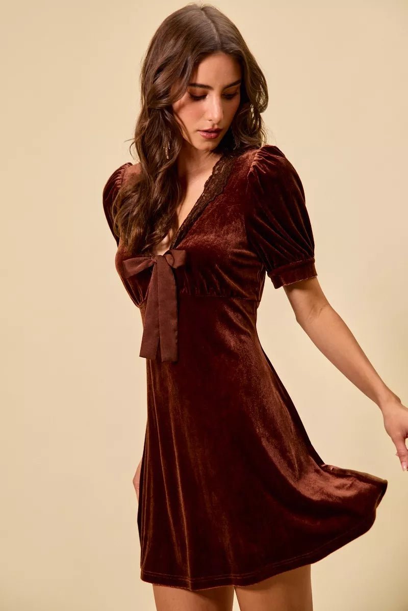 SO ME Velvet Short Sleeves Mini Dress - Brick + Boho