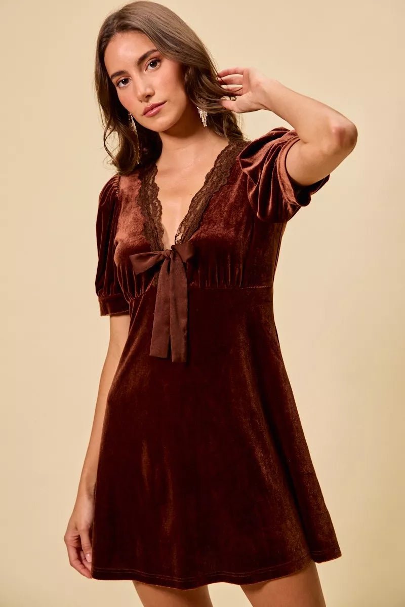 SO ME Velvet Short Sleeves Mini Dress - Brick + Boho